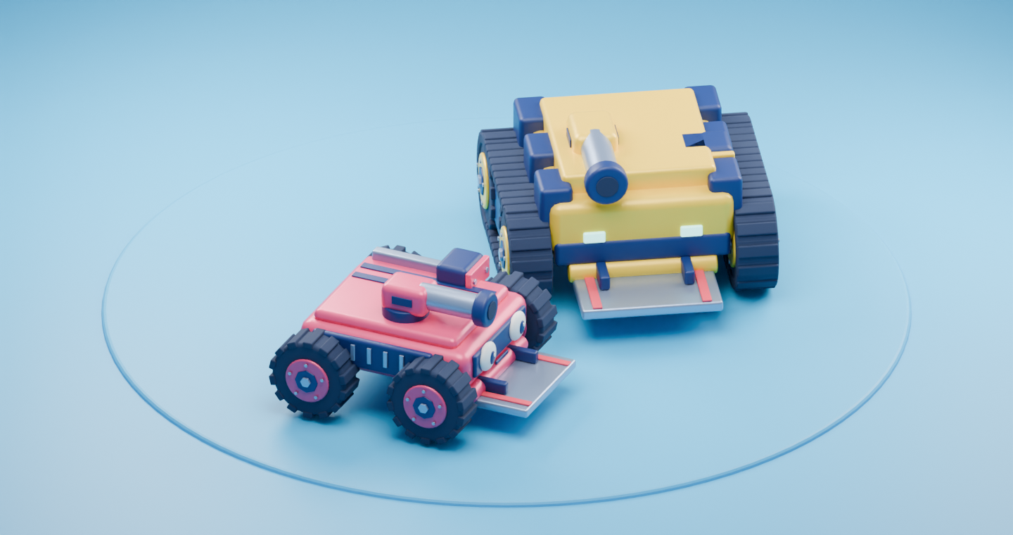 Two colourful Mobots robots ready to battle: a chunky yellow tracked bot and a smaller red wheeled bot.