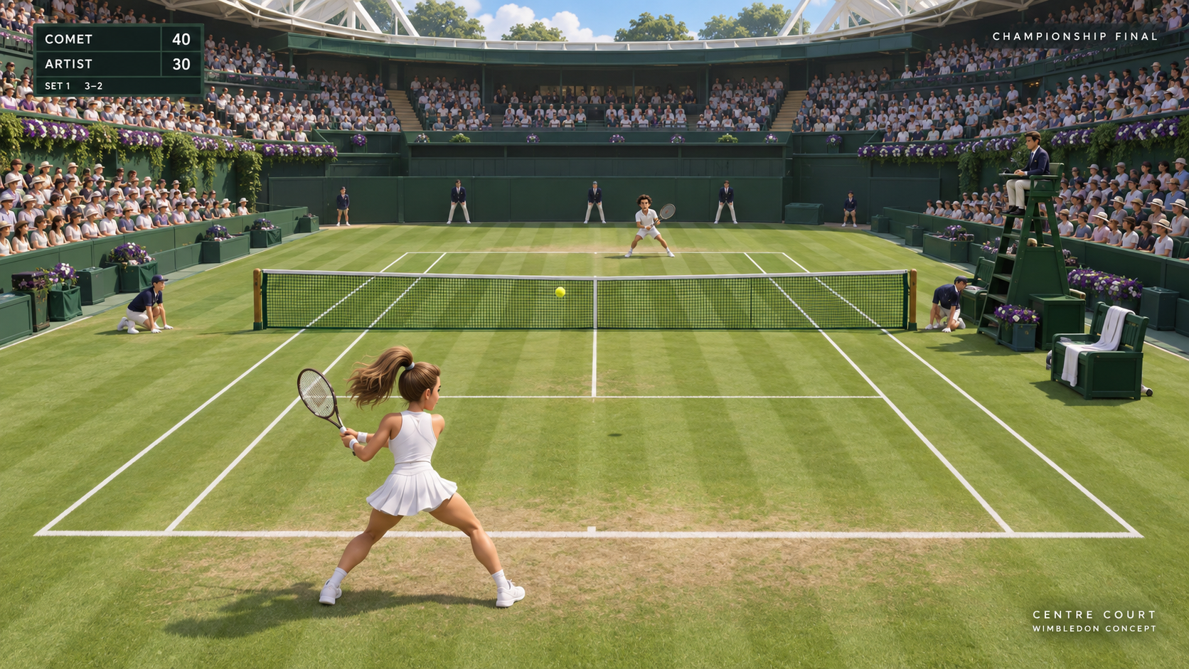 A sunlit grass tennis stadium with purple flowers and white-clad players.